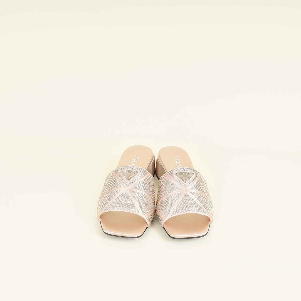 Prada Pink Nude Logo Crystal Slide Sandal 37.5