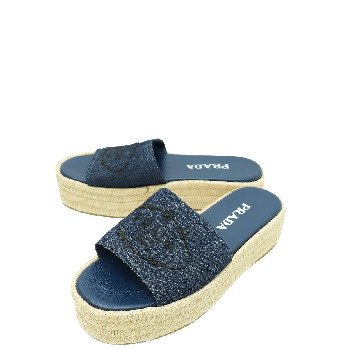 Prada Navy Blue Logo Denim Slide Espadrille Sandal 37