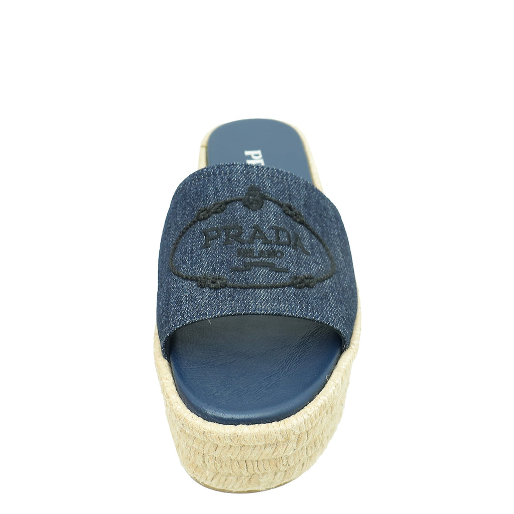 Prada Navy Blue Logo Denim Slide Espadrille Sandal 37