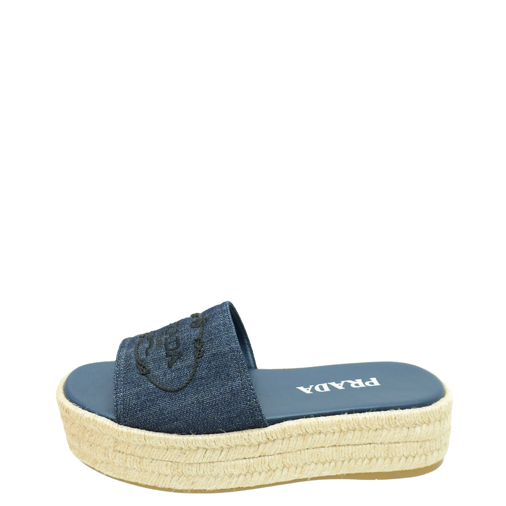 Prada Navy Blue Logo Denim Slide Espadrille Sandal 37
