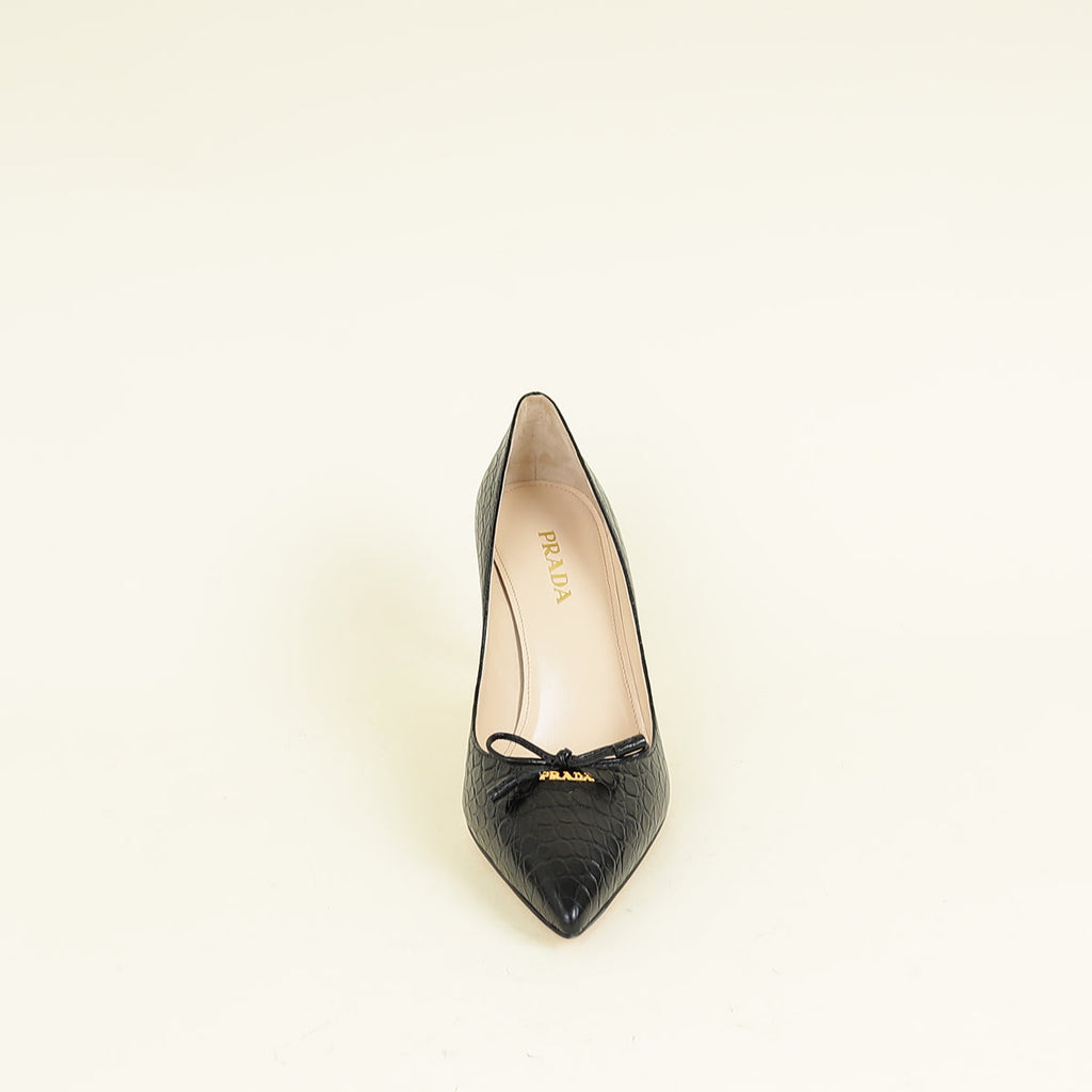 Prada Black Logo Pointed Toe Croco Embossed Bow Pump 39