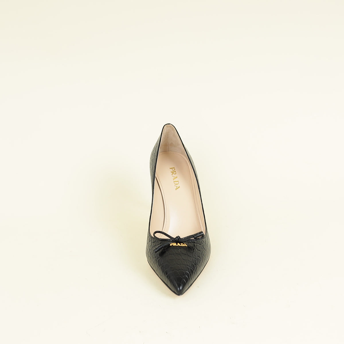 Prada Black Logo Pointed Toe Croco Embossed Bow Pump 39