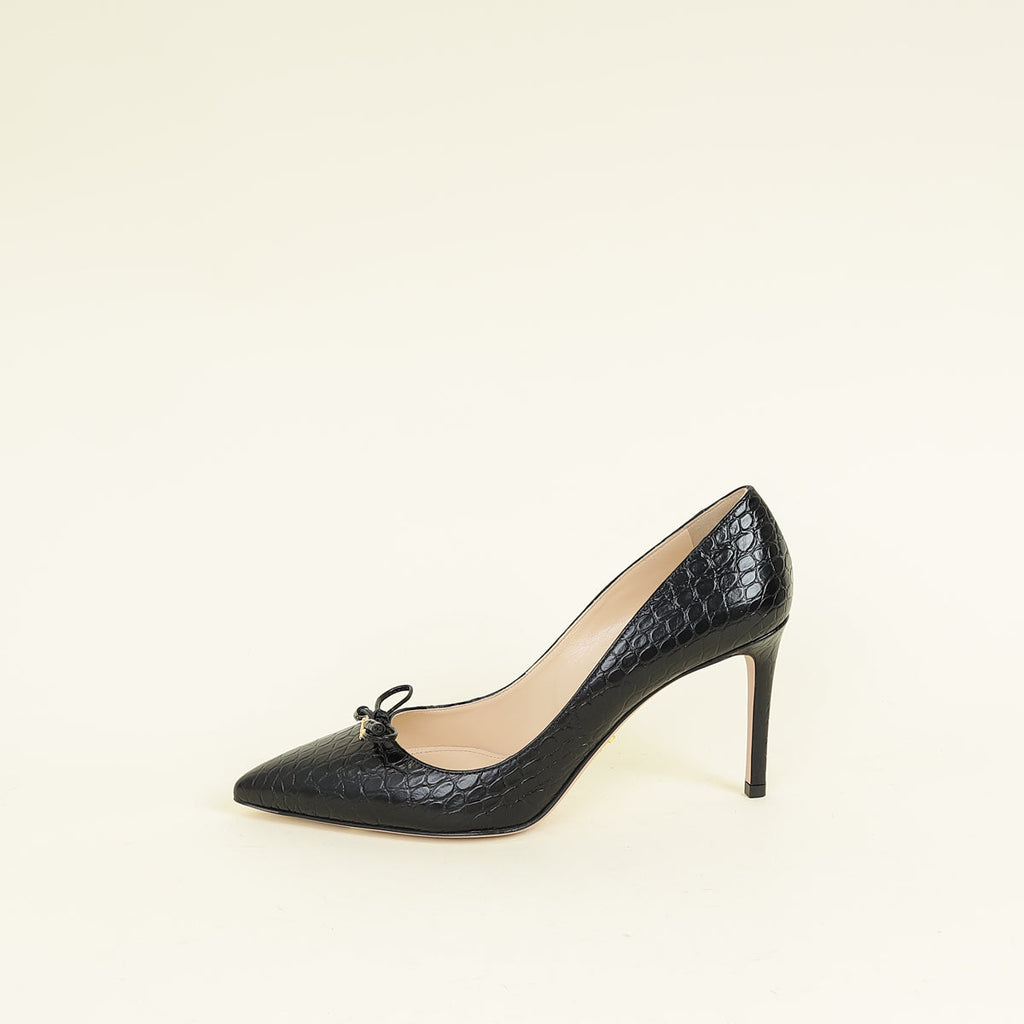 Prada Black Logo Pointed Toe Croco Embossed Bow Pump 39