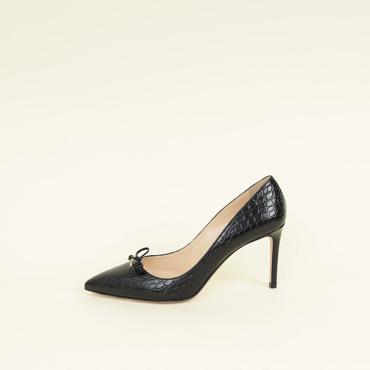 Prada Black Logo Pointed Toe Croco Embossed Bow Pump 39