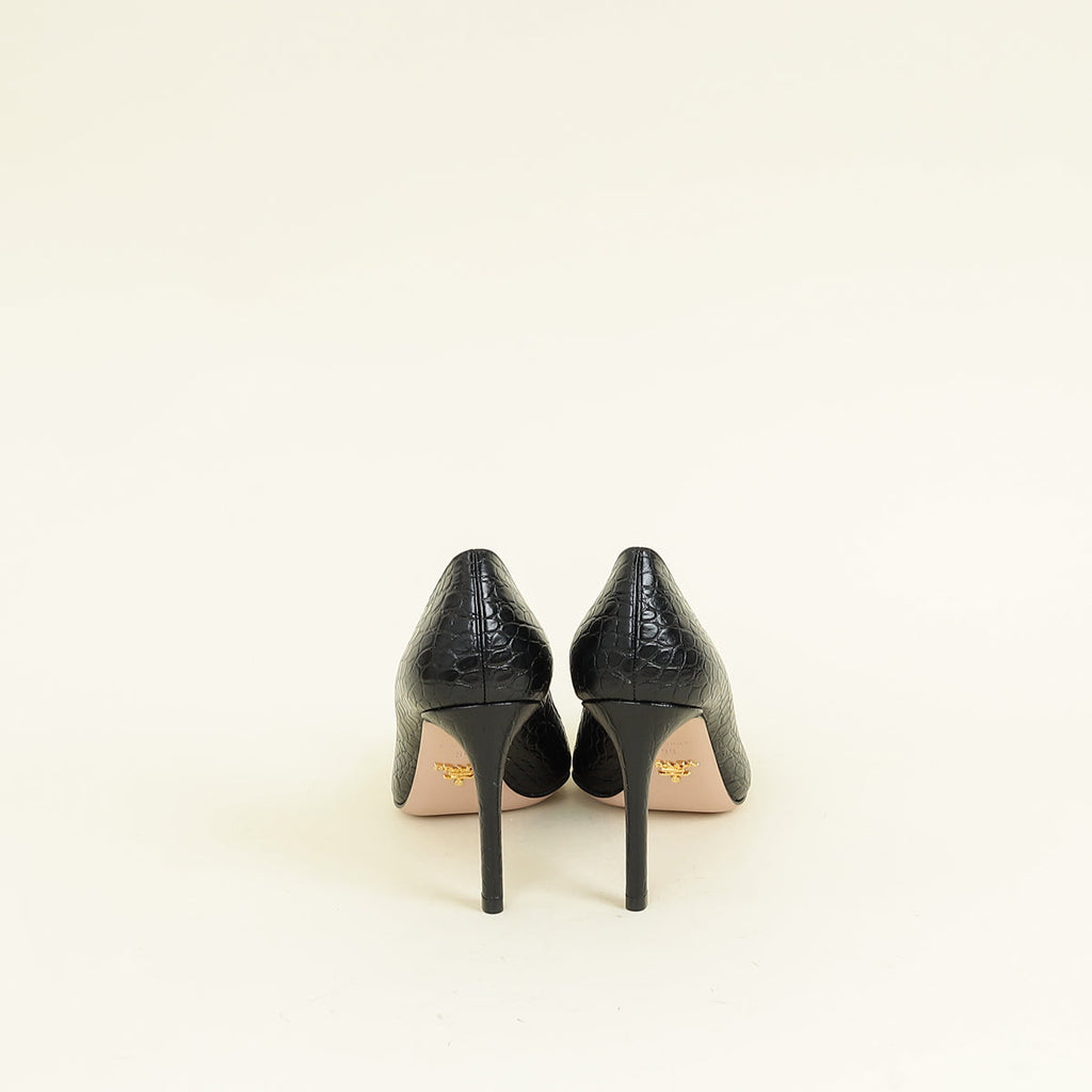 Prada Black Logo Pointed Toe Croco Embossed Bow Pump 39