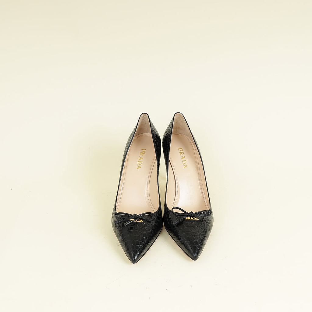 Prada Black Logo Pointed Toe Croco Embossed Bow Pump 39