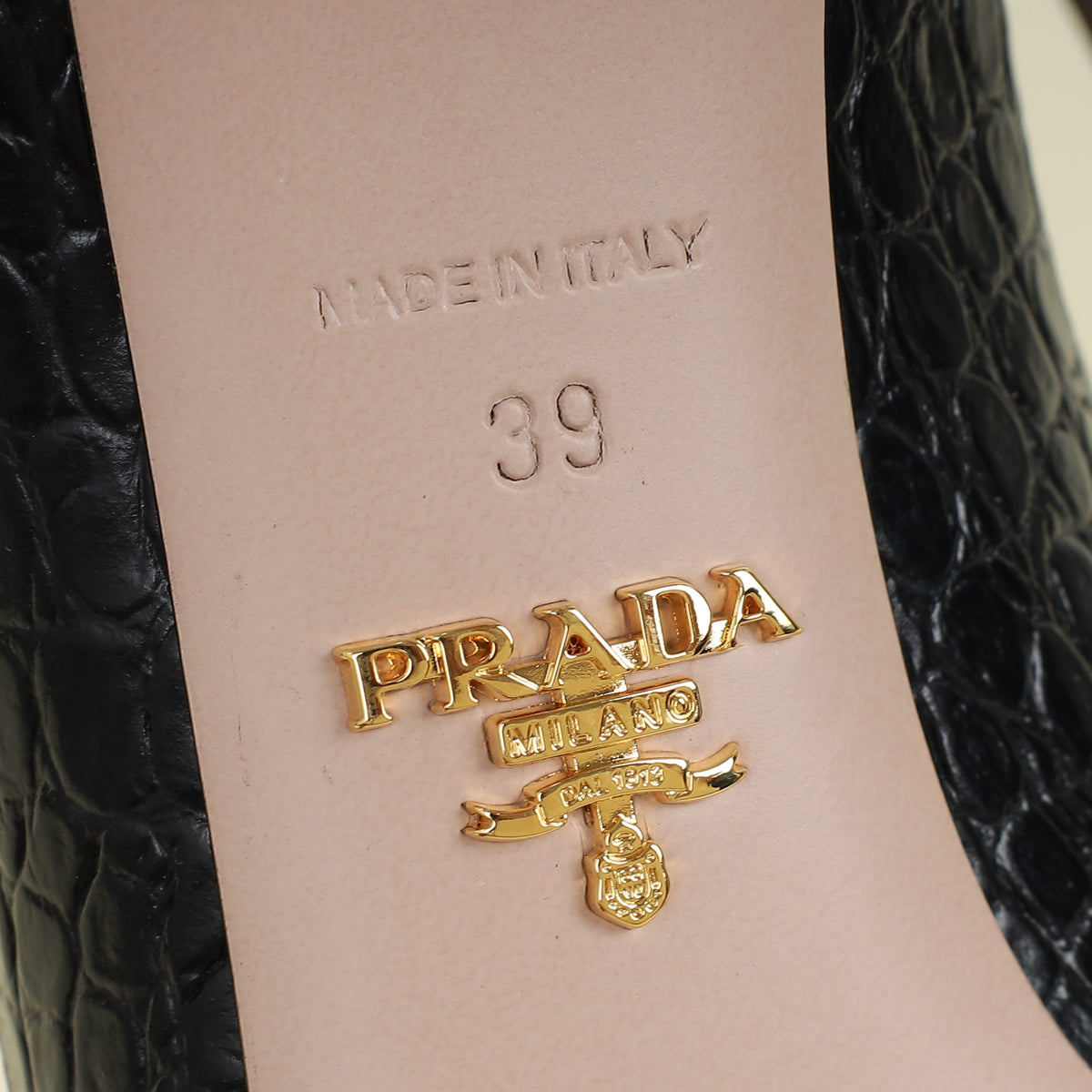 Prada Black Logo Pointed Toe Croco Embossed Bow Pump 39