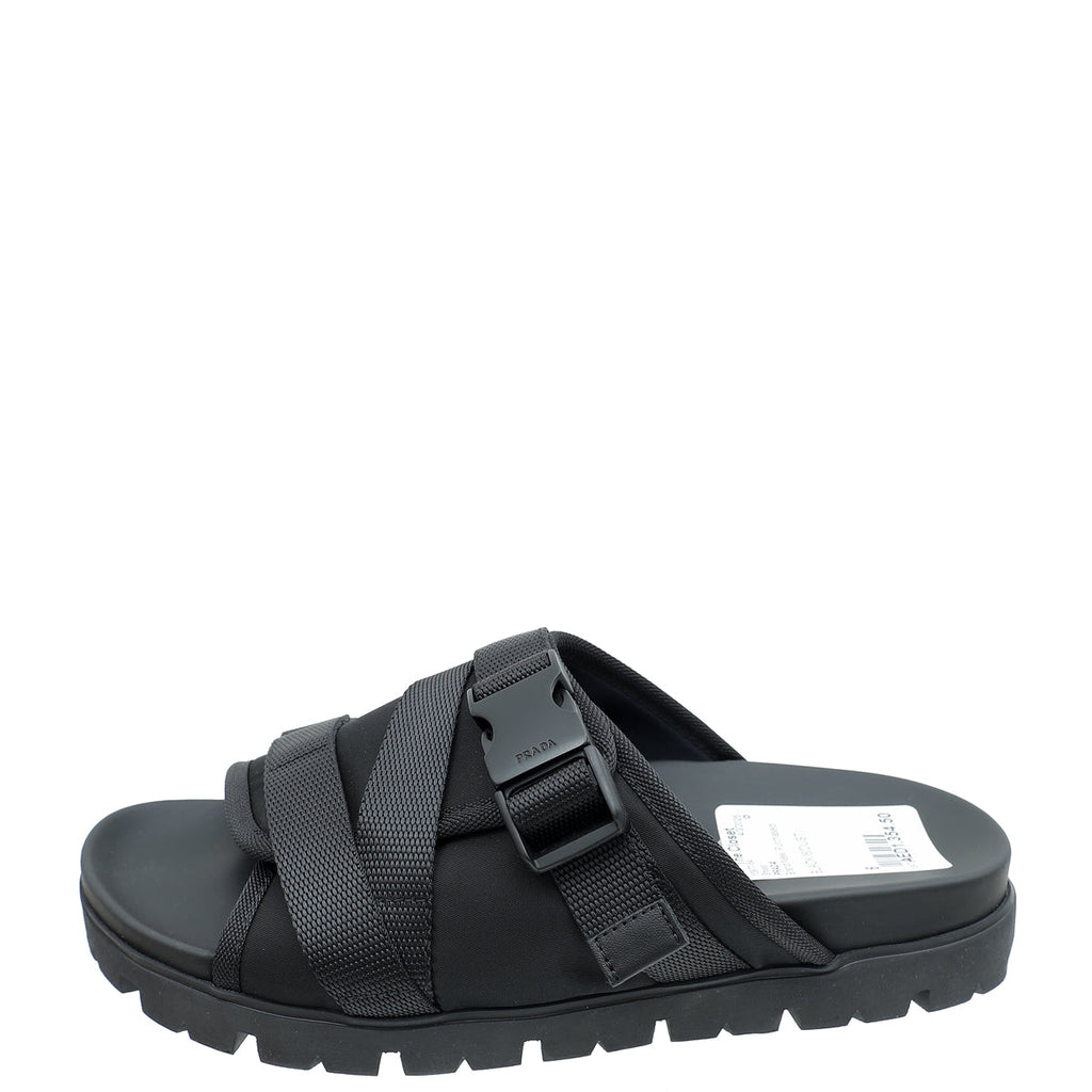 Prada Black Re-Nylon Buckle Slide Sandal 6