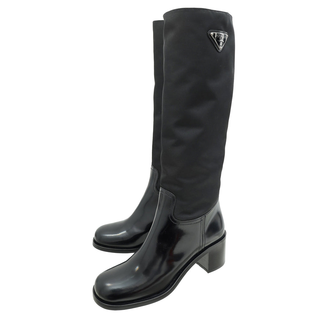 Prada Black Triangle Logo Re-Nylon Knee-High Boots 38.5
