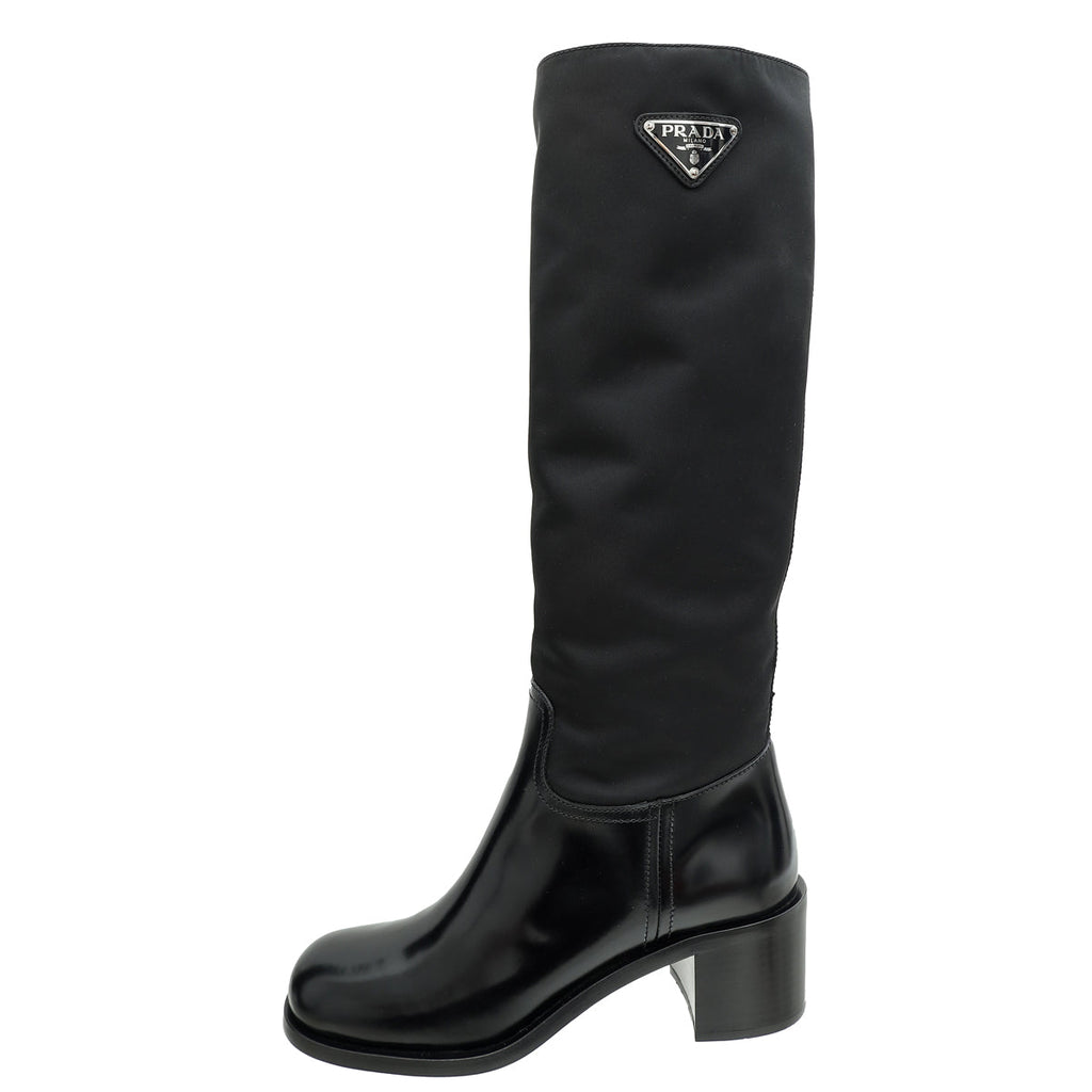 Prada Black Triangle Logo Re-Nylon Knee-High Boots 38.5