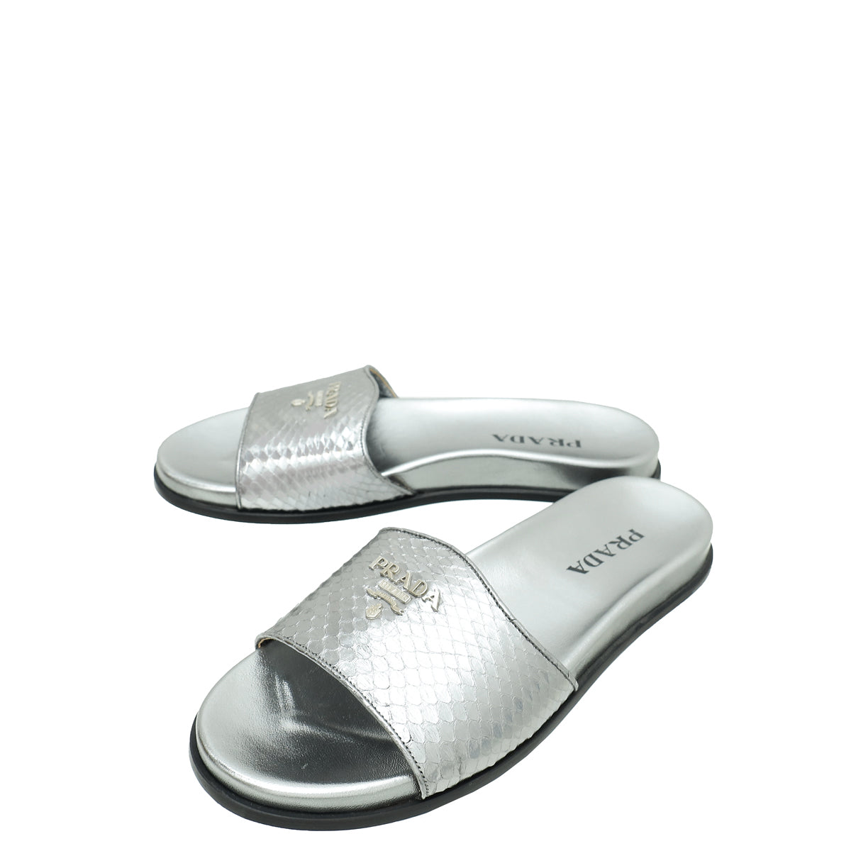 Prada Metallic Grey Logo Python Embossed Slide Sandal 36.5
