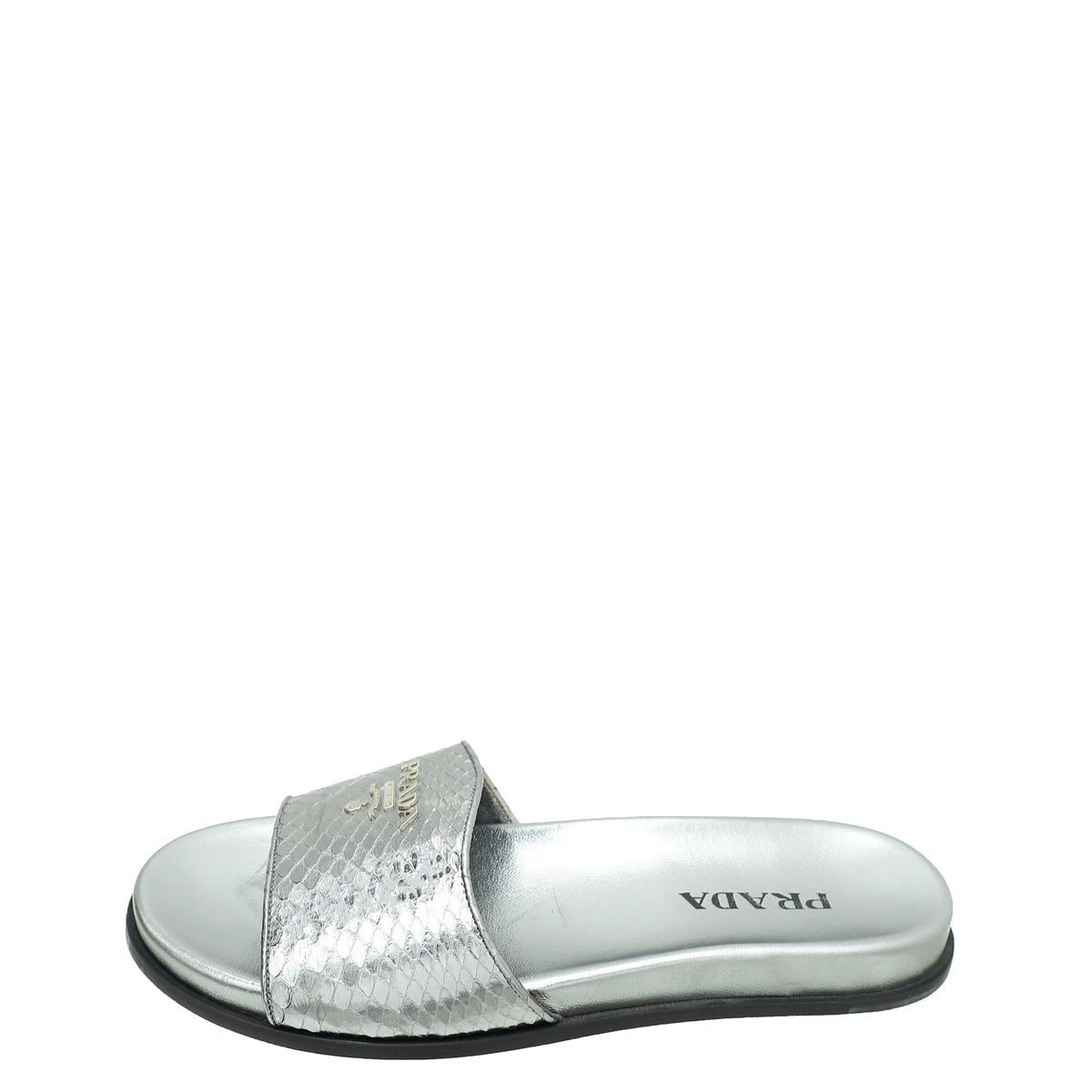 Prada Metallic Grey Logo Python Embossed Slide Sandal 36.5