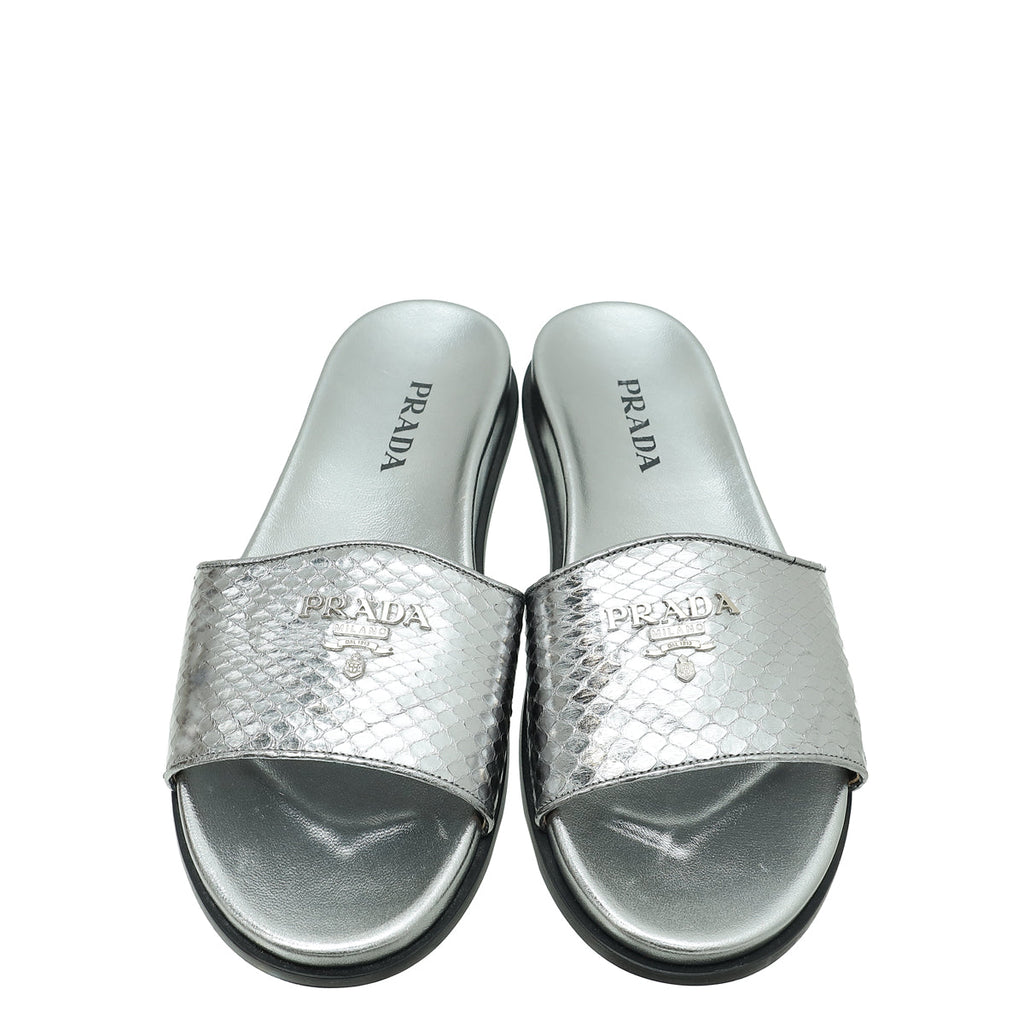 Prada Metallic Grey Logo Python Embossed Slide Sandal 36.5