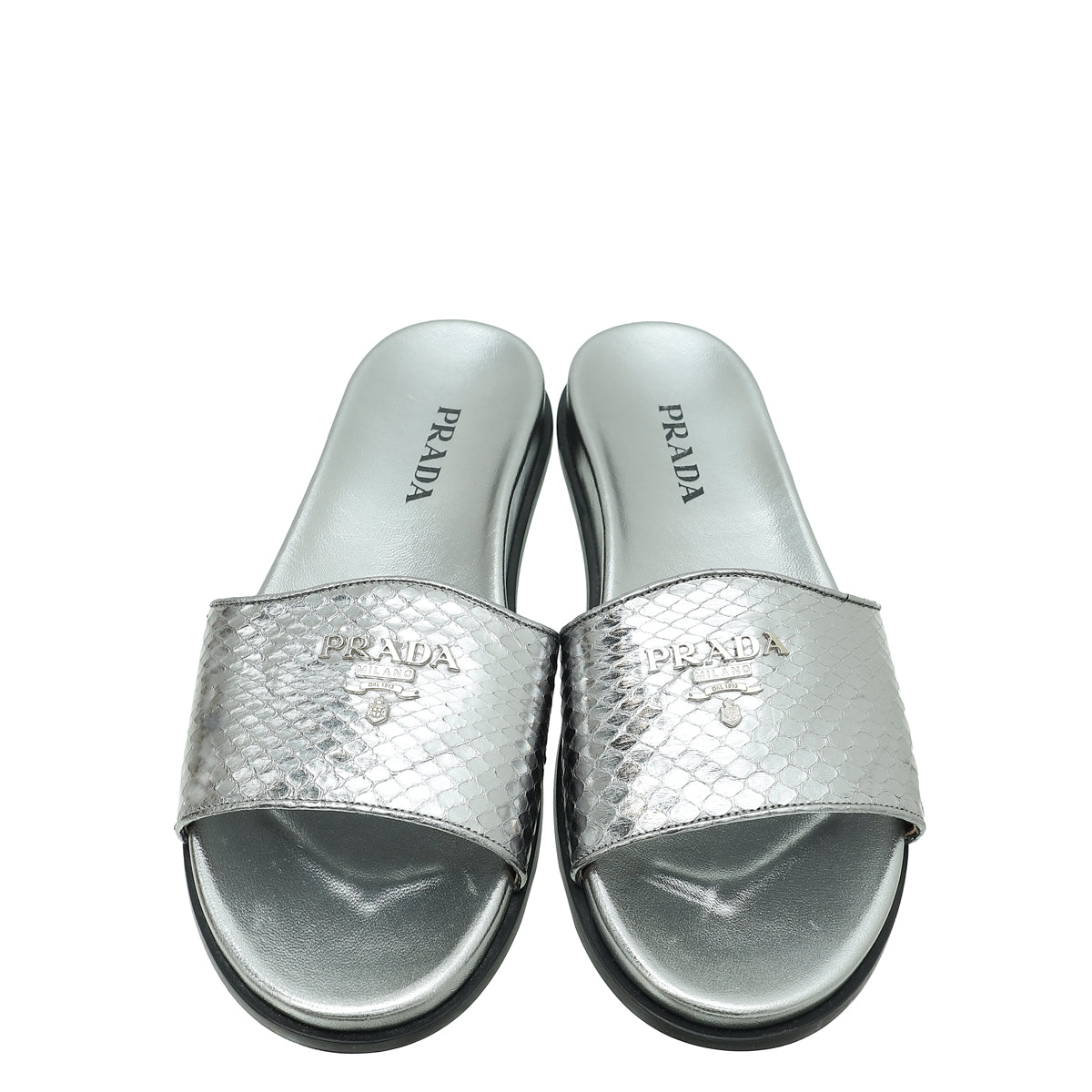 Prada Metallic Grey Logo Python Embossed Slide Sandal 36.5