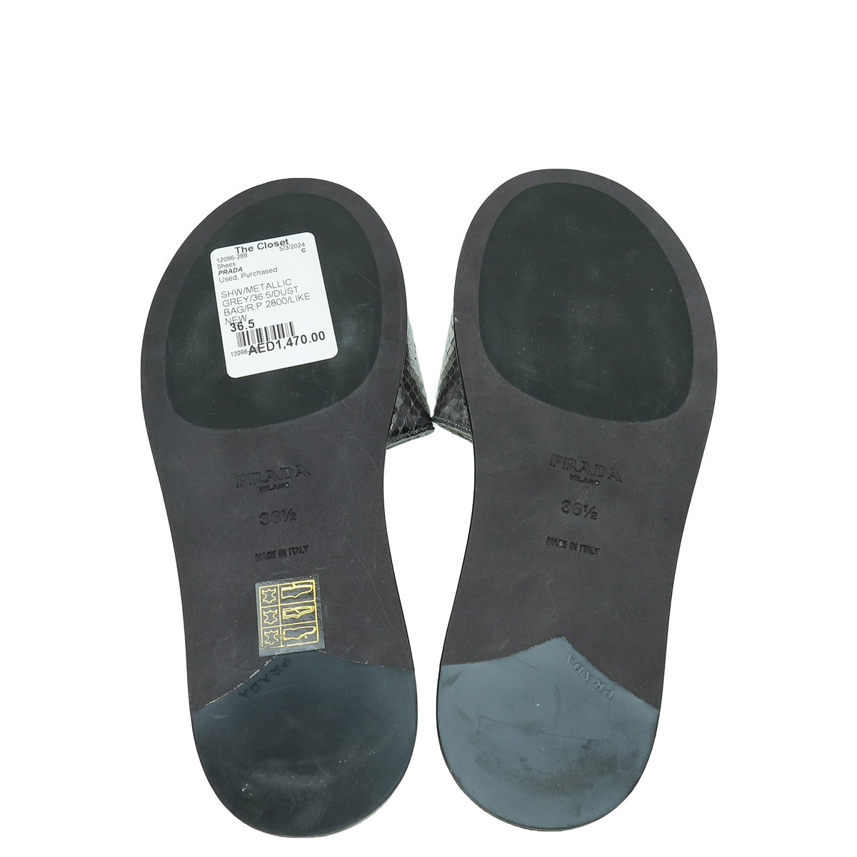 Prada Metallic Grey Logo Python Embossed Slide Sandal 36.5