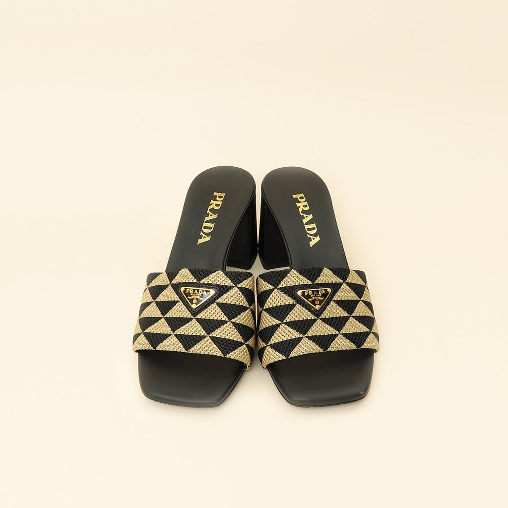 Prada Bicolor Embroidered Fabric Slide Heel Mules 36.5