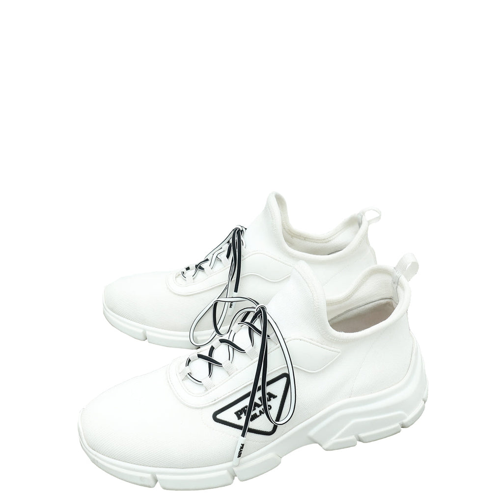 Prada White Triangle Logo Knit Fabric Sneakers 36.5