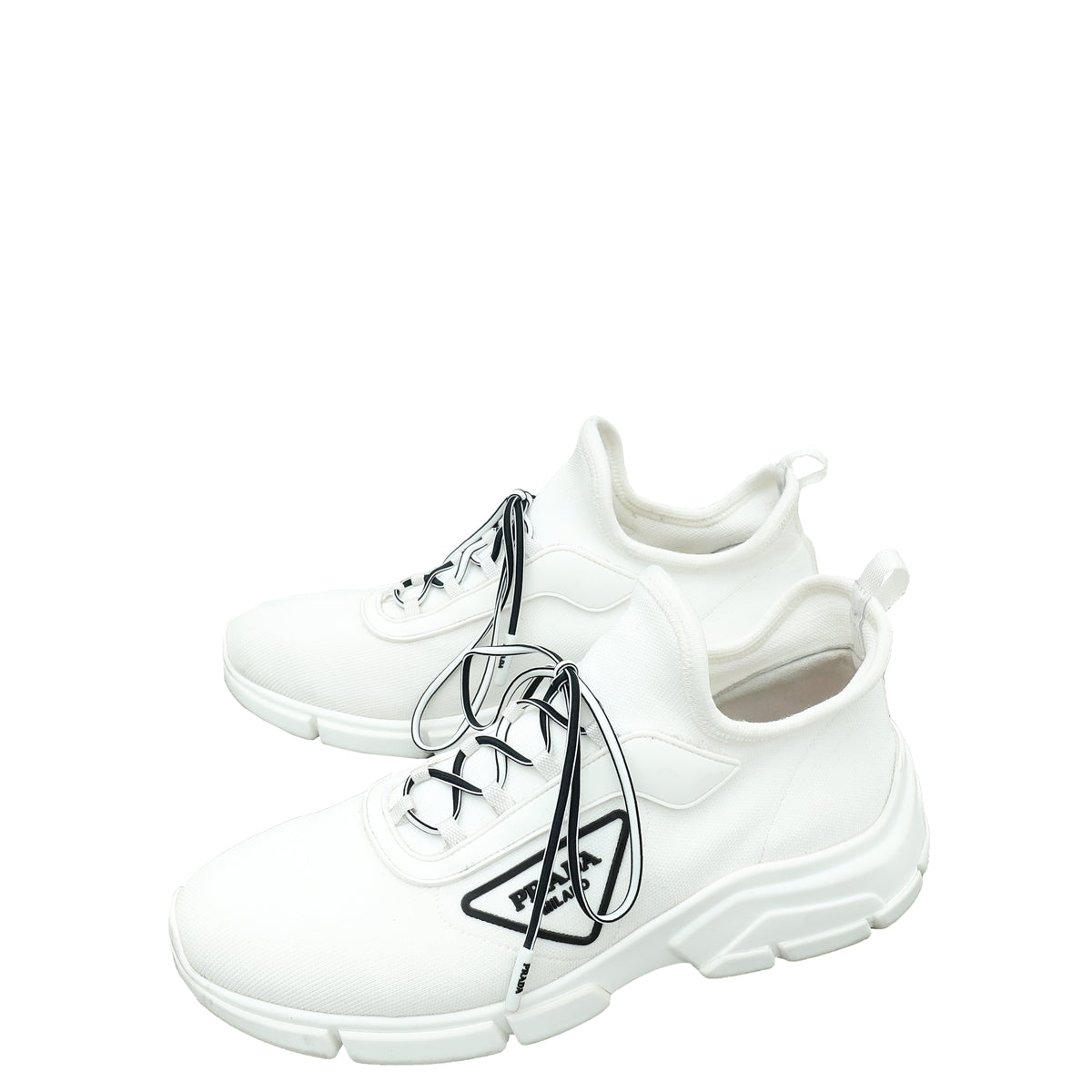 Prada White Triangle Logo Knit Fabric Sneakers 36.5