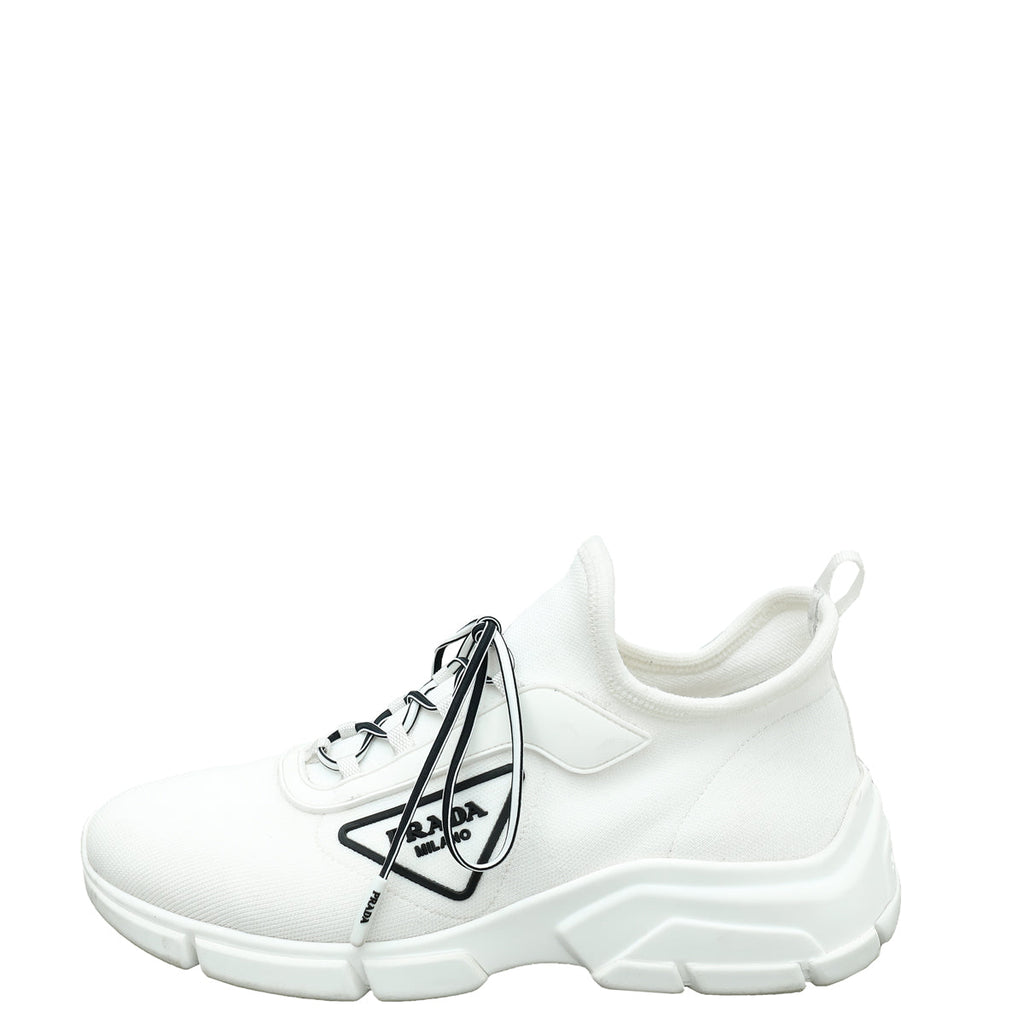 Prada White Triangle Logo Knit Fabric Sneakers 36.5