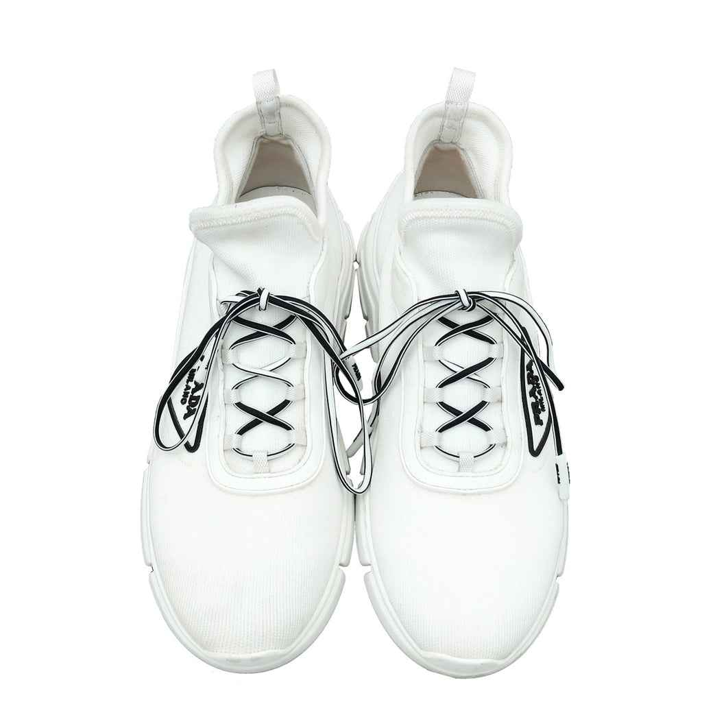 Prada White Triangle Logo Knit Fabric Sneakers 36.5