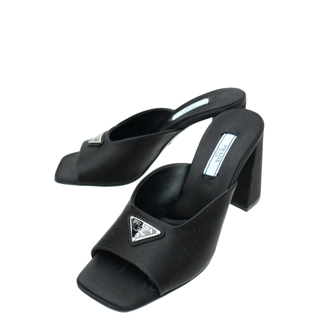 Prada Black Satin Triangle Logo Mules 36