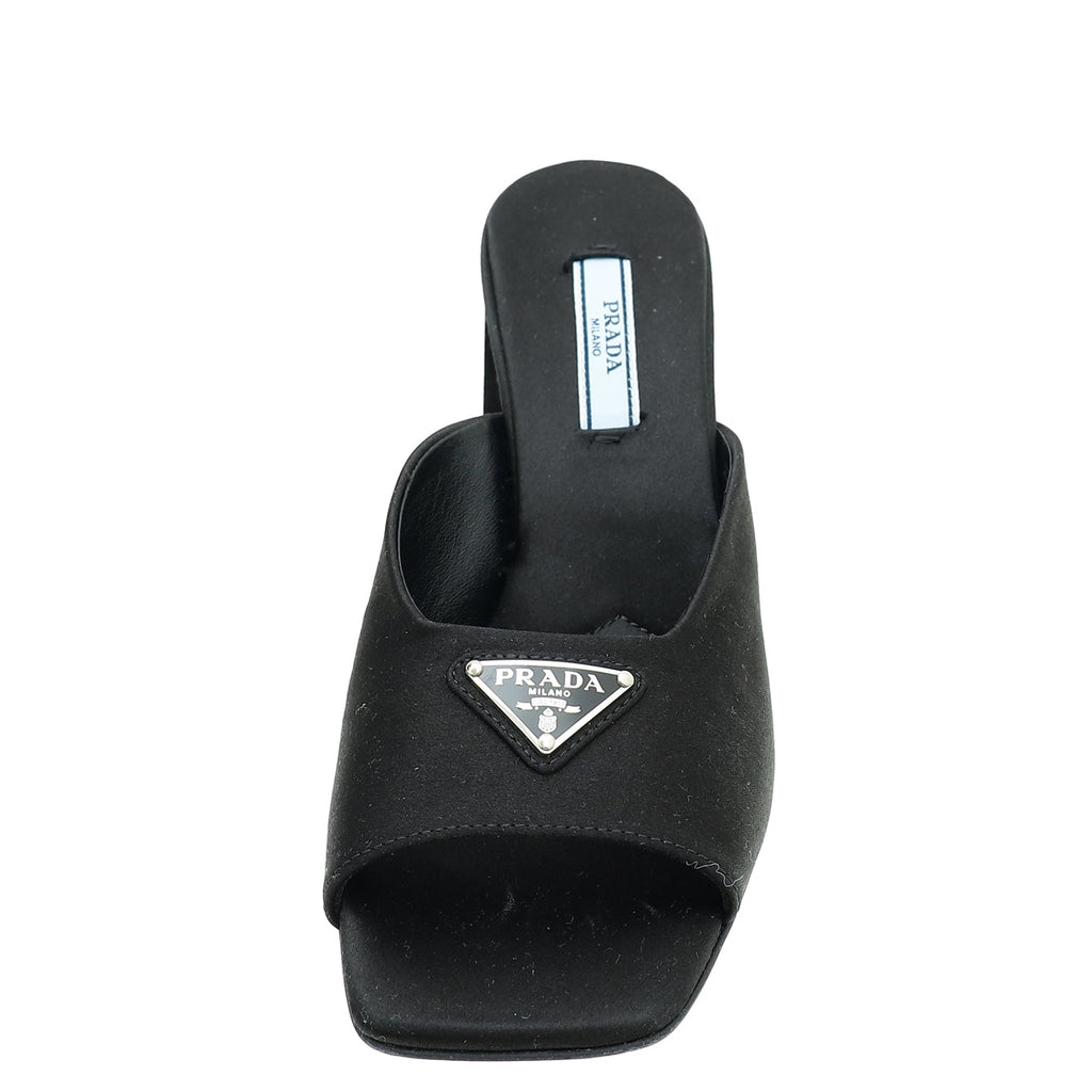 Prada Black Satin Triangle Logo Mules 36