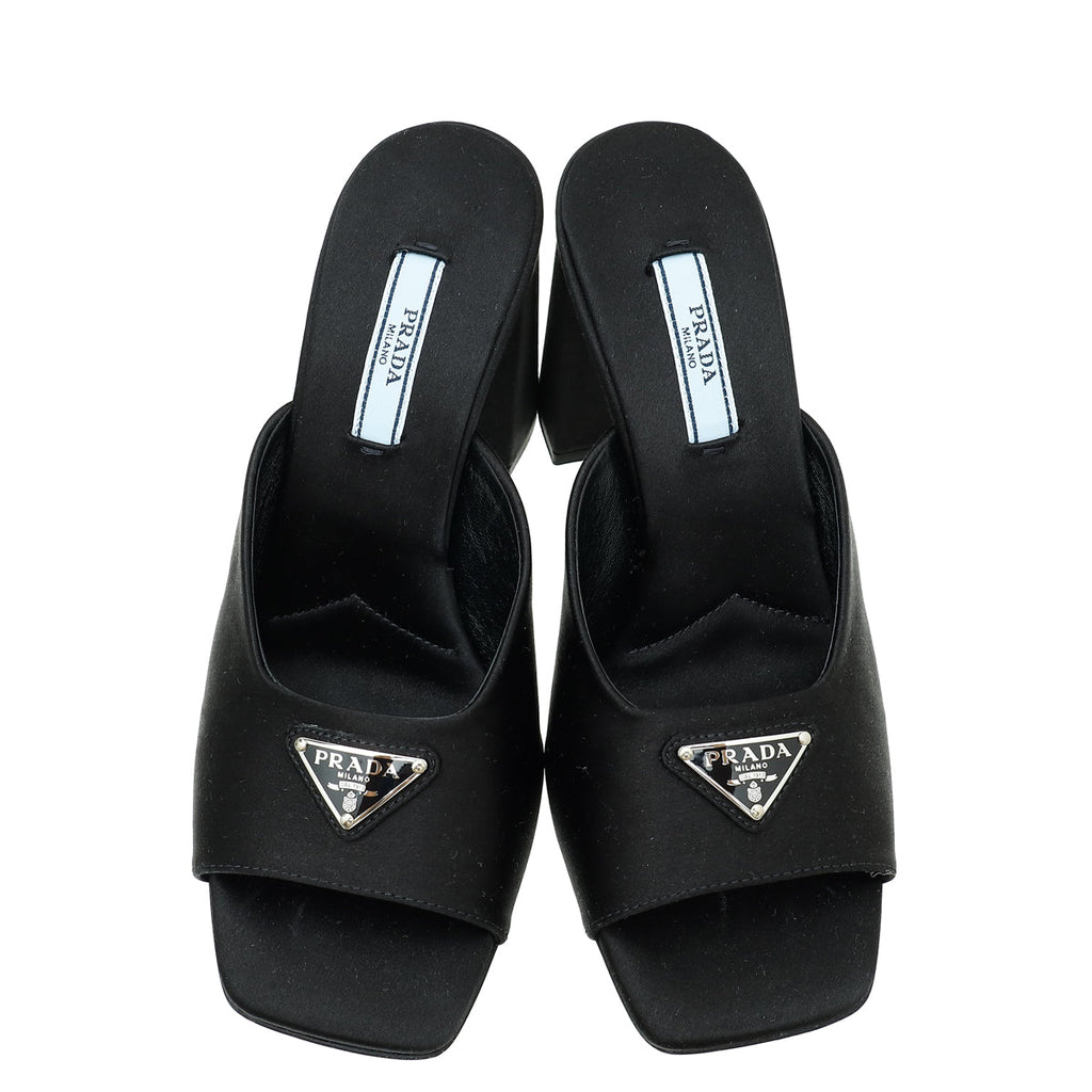 Prada Black Satin Triangle Logo Mules 36