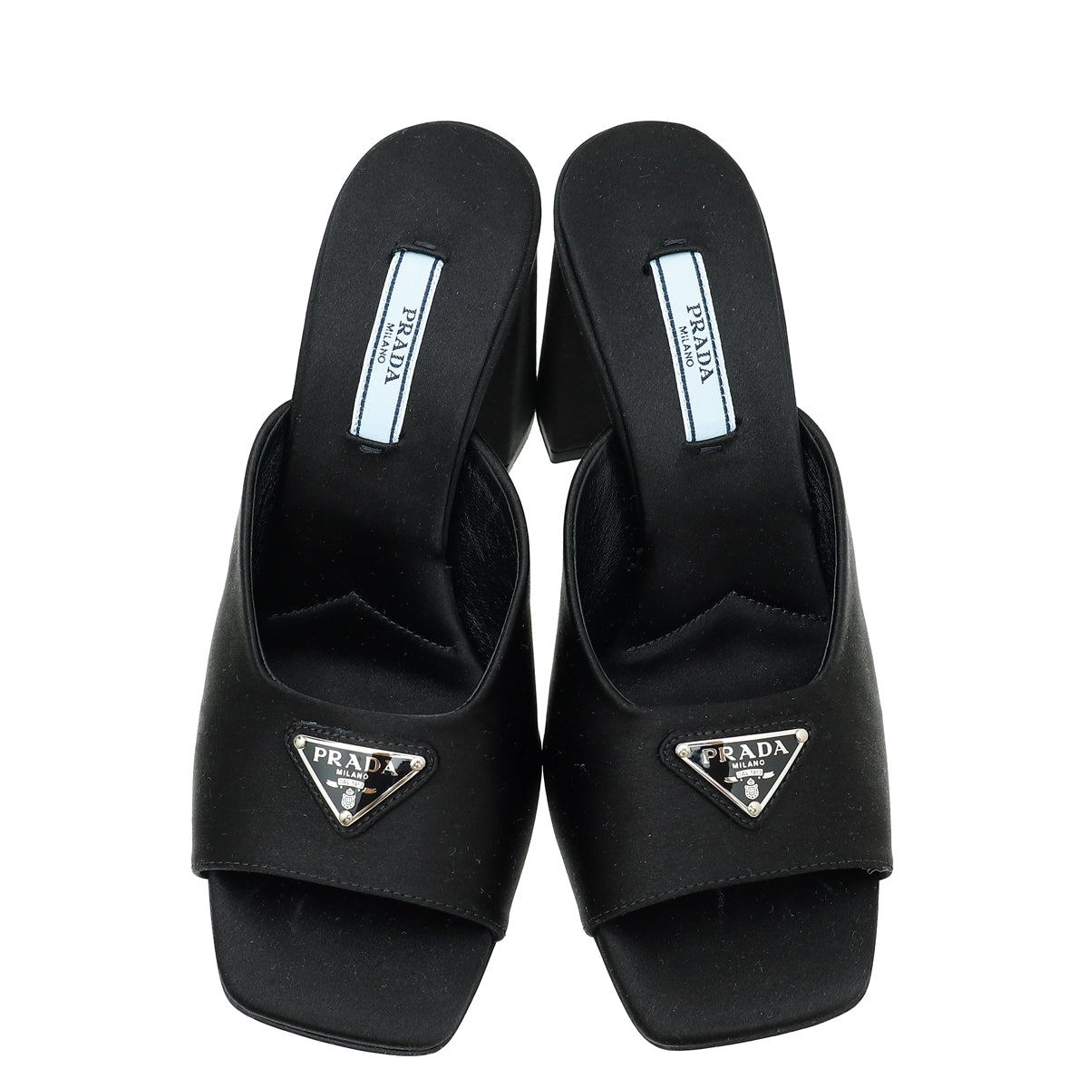 Prada Black Satin Triangle Logo Mules 36