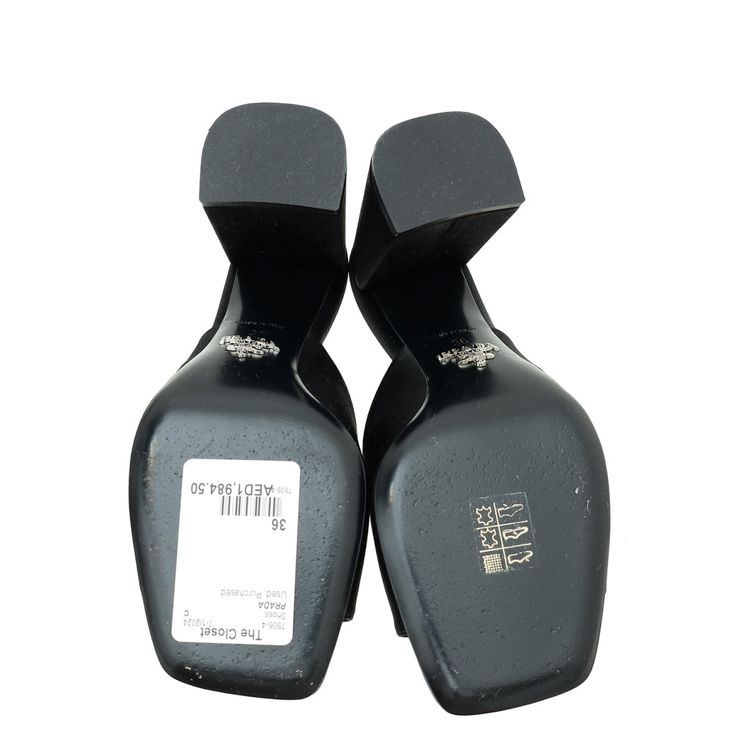 Prada Black Satin Triangle Logo Mules 36