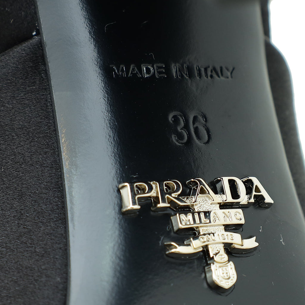 Prada Black Satin Triangle Logo Mules 36
