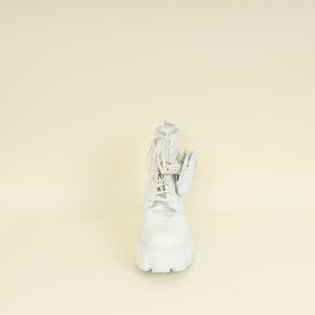 Prada White Monolith Leather and Nylon Ankle Boot 37.5