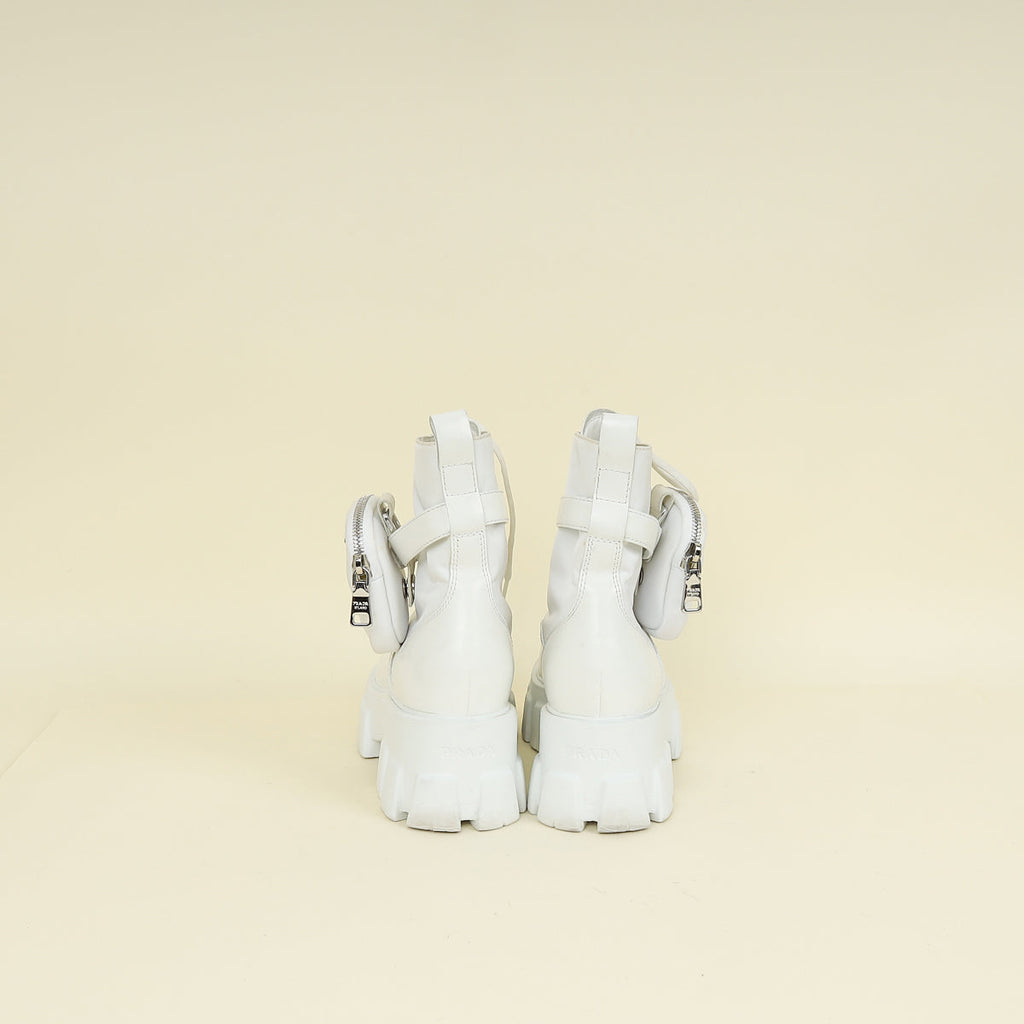 Prada White Monolith Leather and Nylon Ankle Boot 37.5