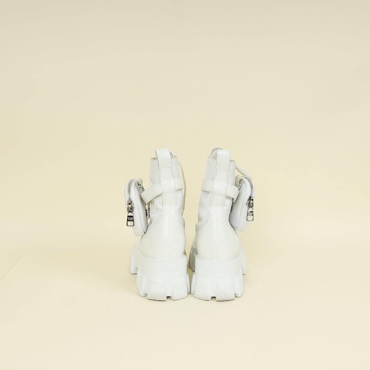 Prada White Monolith Leather and Nylon Ankle Boot 37.5