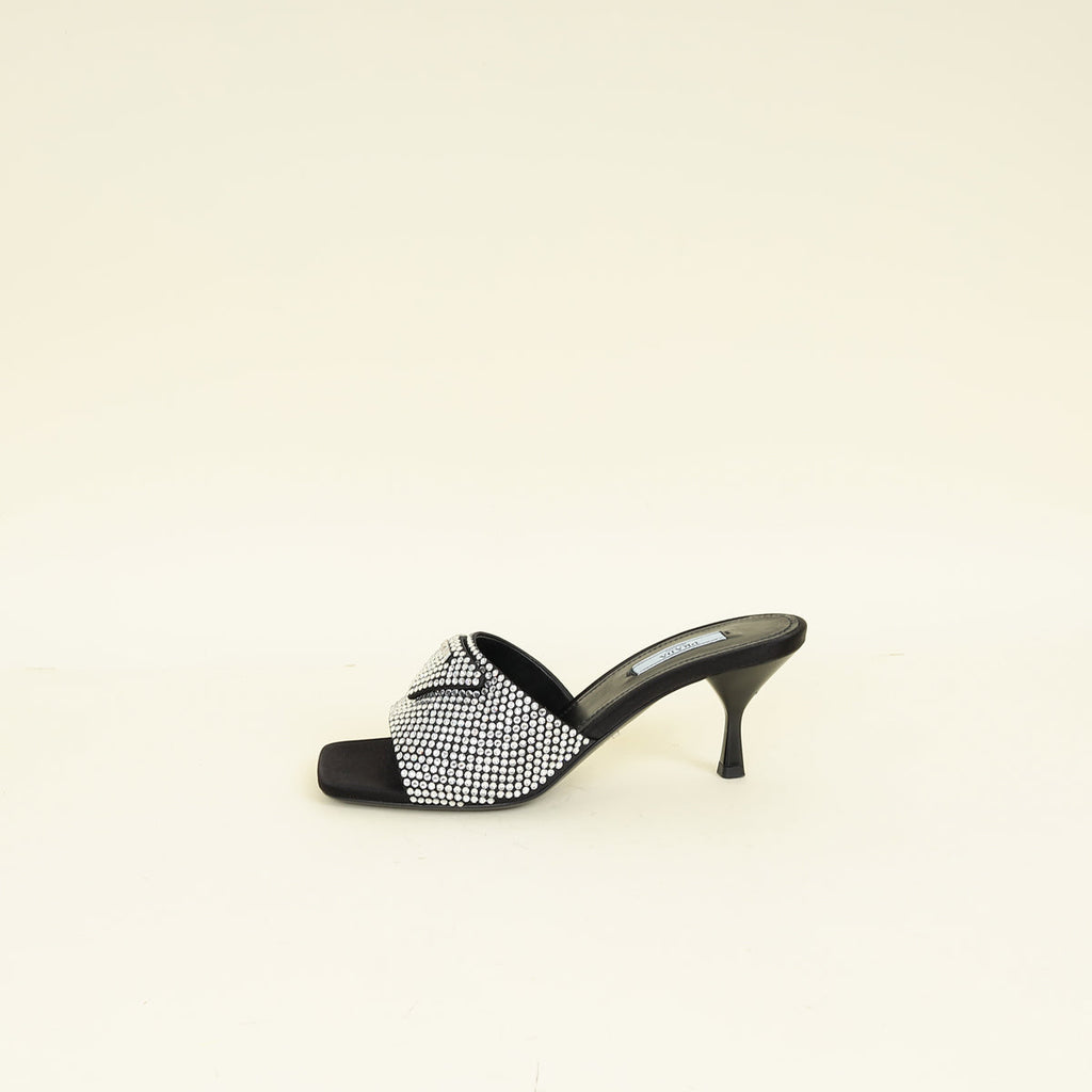Prada Black Satin Crystal-Embellished Heeled Slide Sandals 37