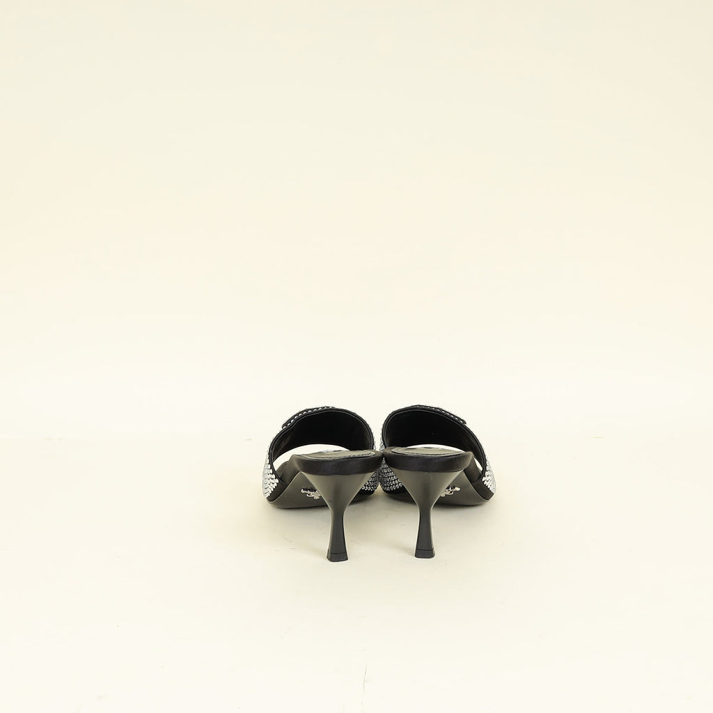 Prada Black Satin Crystal-Embellished Heeled Slide Sandals 37