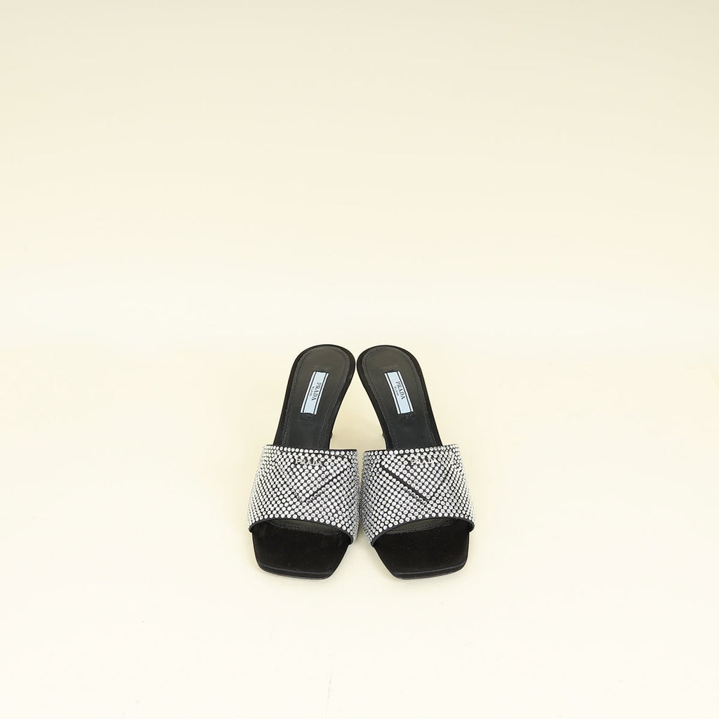 Prada Black Satin Crystal-Embellished Heeled Slide Sandals 37