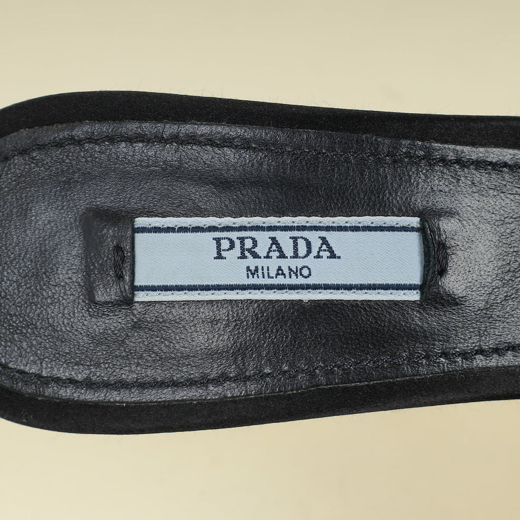 Prada Black Satin Crystal-Embellished Heeled Slide Sandals 37