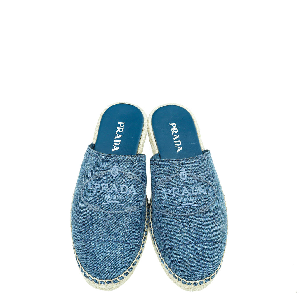 Prada Blue Denim Logo Mules Espadrille 38.5