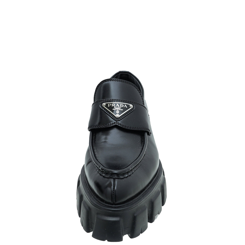 Prada Black Brushed Monolith Pointy Loafers 38.5