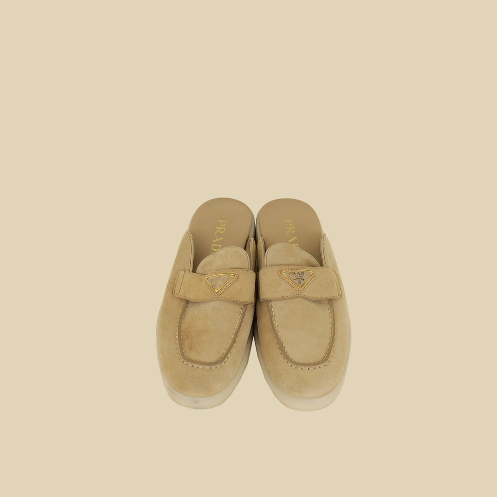 Prada Ecru Logo Suede Loafers 38