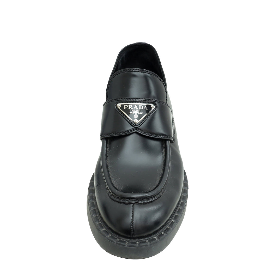 Prada Black Brushed Triangle Logo Loafers 38