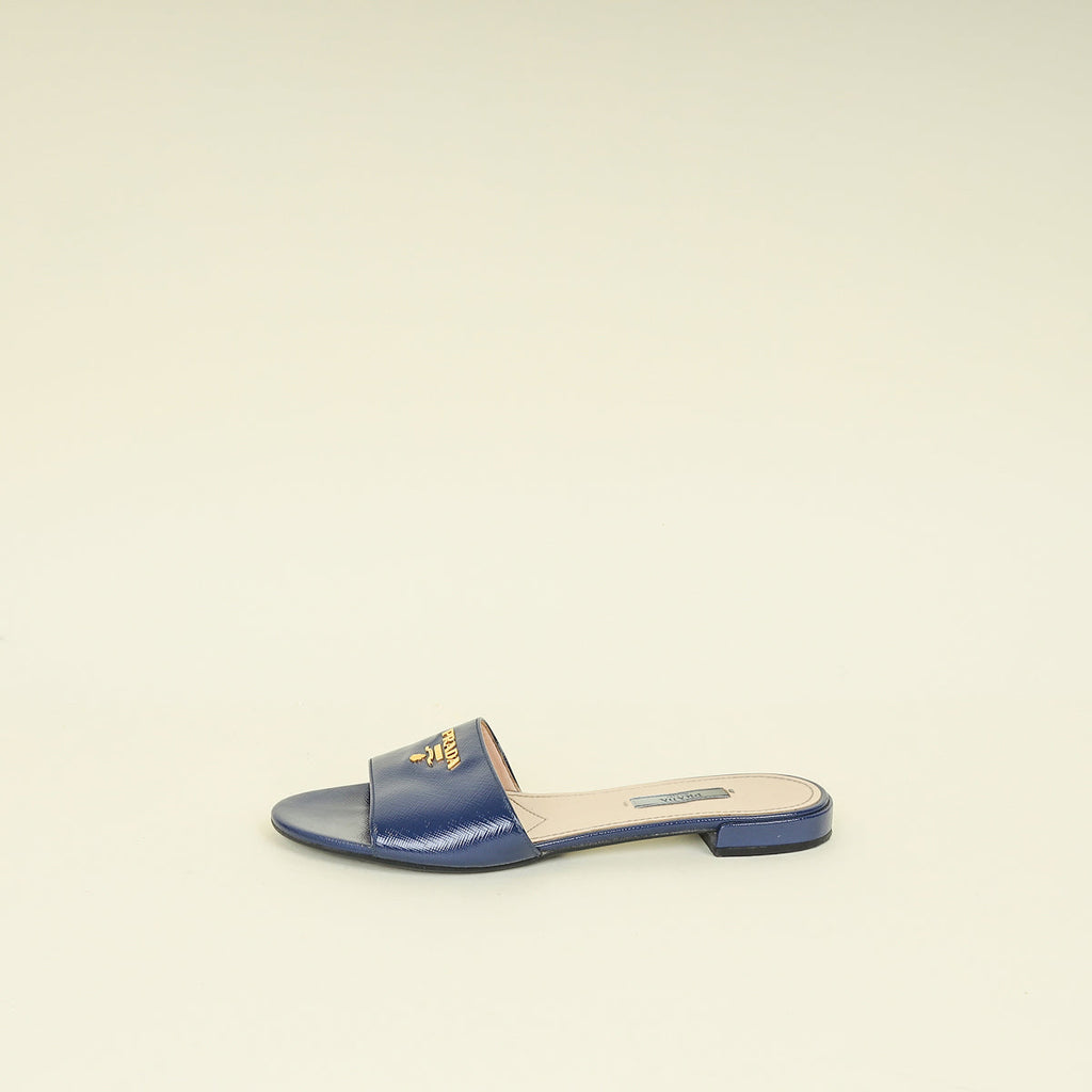 Prada Blue Logo Slide Flat Sandal 39