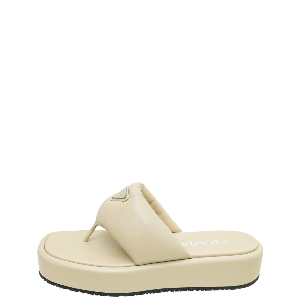 Prada Beige Soft Padded Nappa Thong Wedge Sandals 39