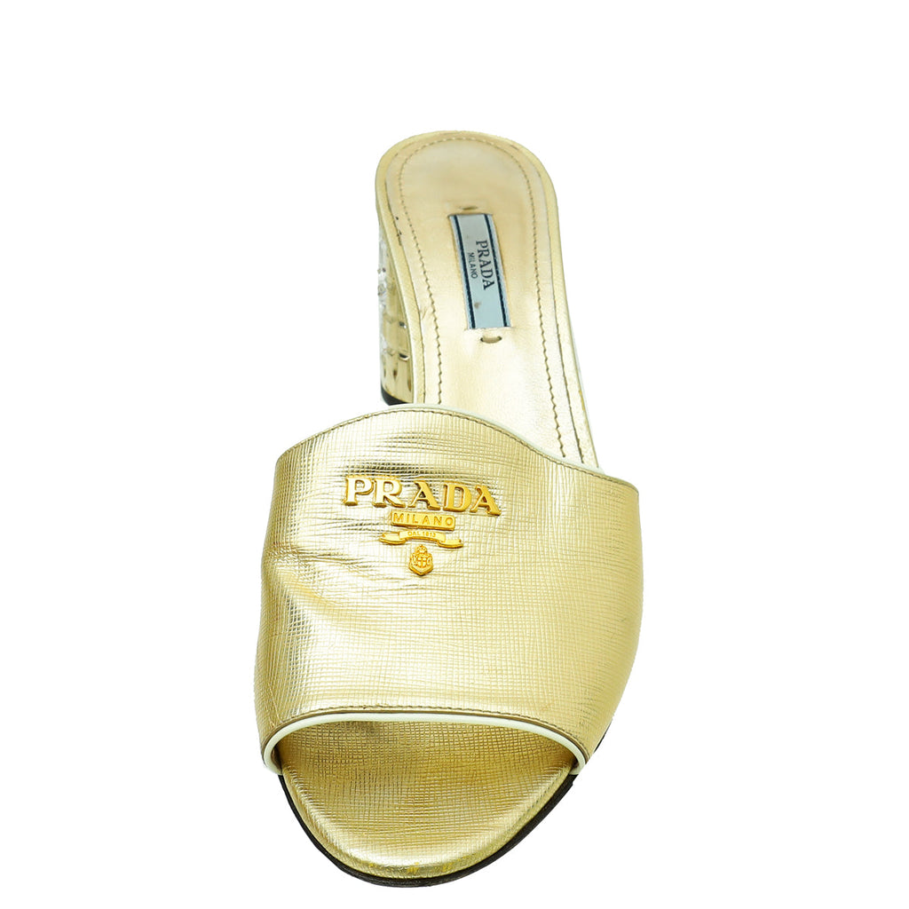 Prada Gold Logo Crystal Block Heels Mules 40