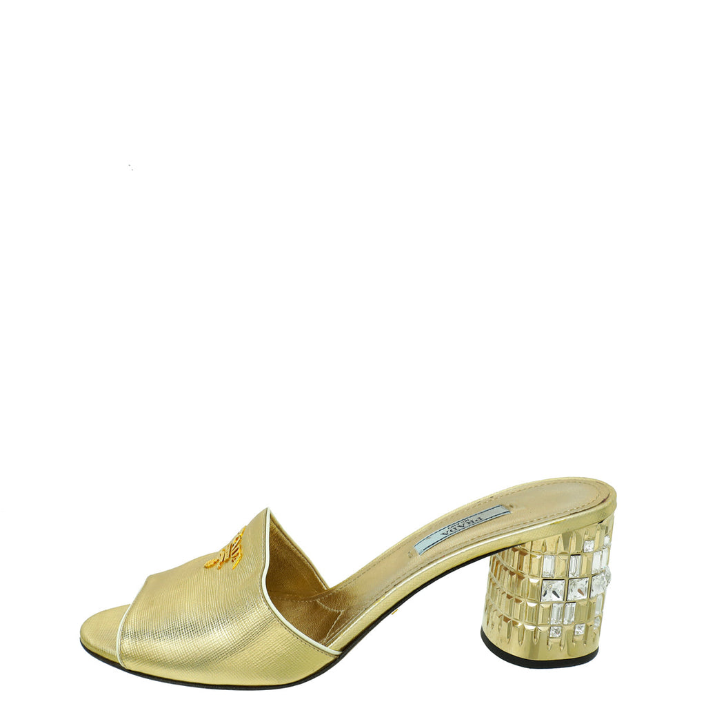 Prada Gold Logo Crystal Block Heels Mules 40