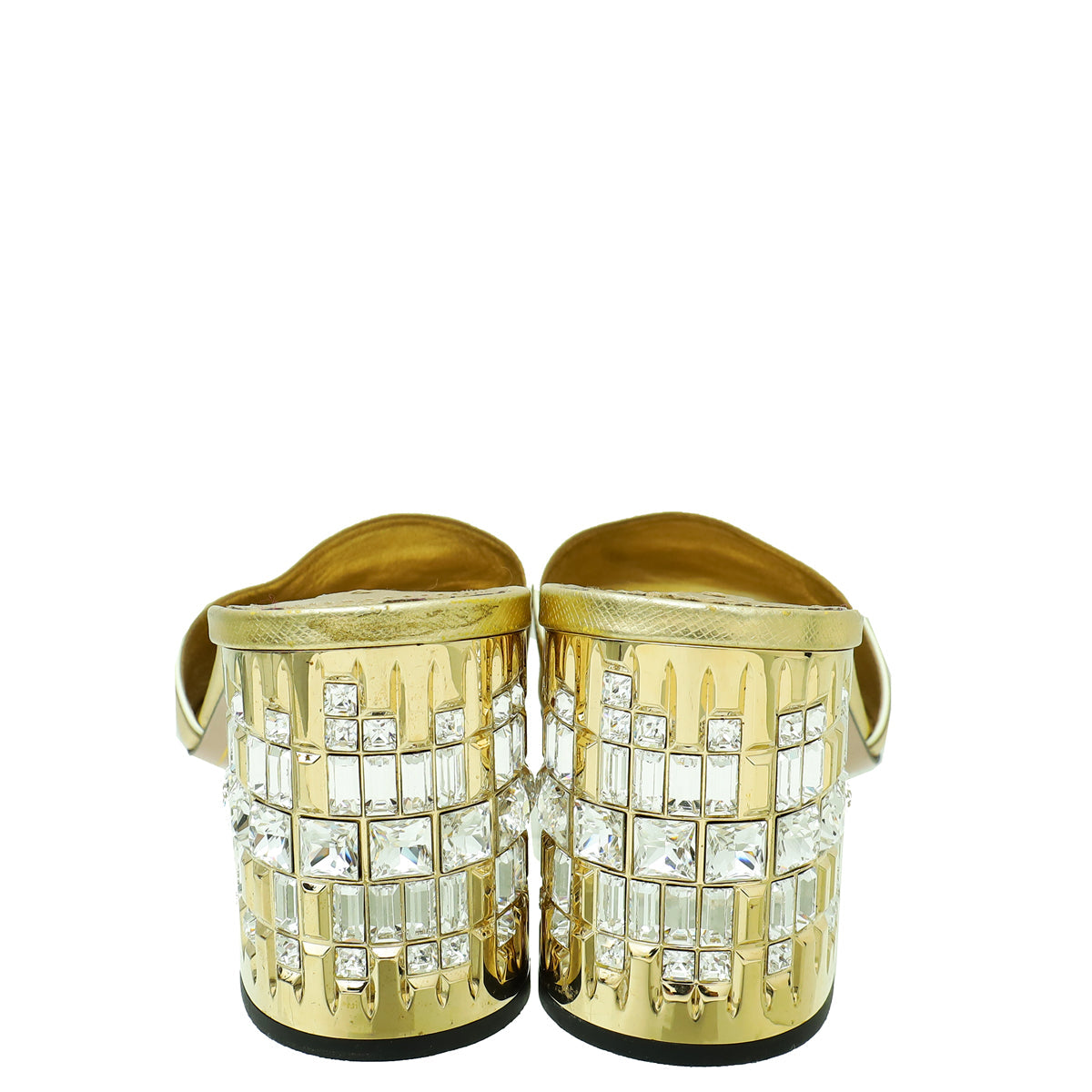Prada Gold Logo Crystal Block Heels Mules 40