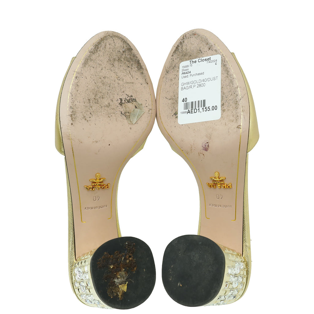 Prada Gold Logo Crystal Block Heels Mules 40