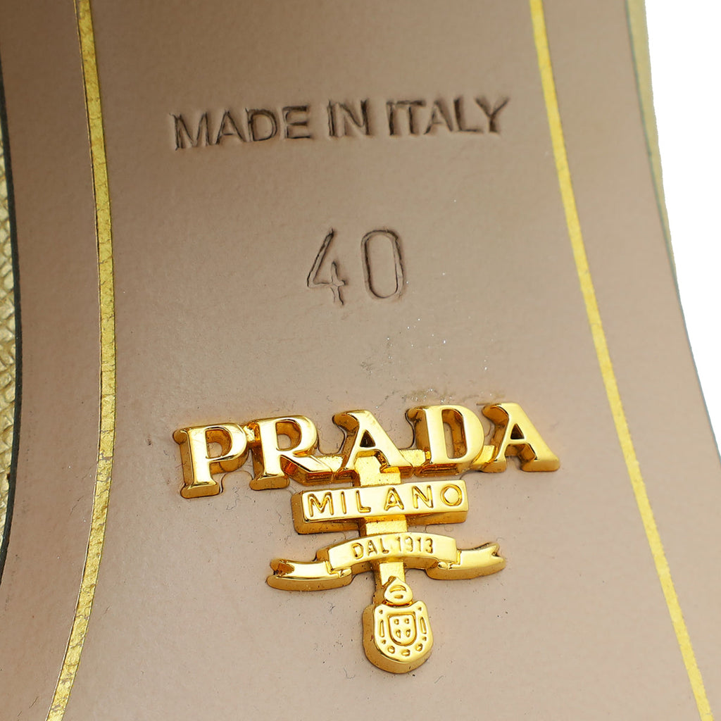 Prada Gold Logo Crystal Block Heels Mules 40