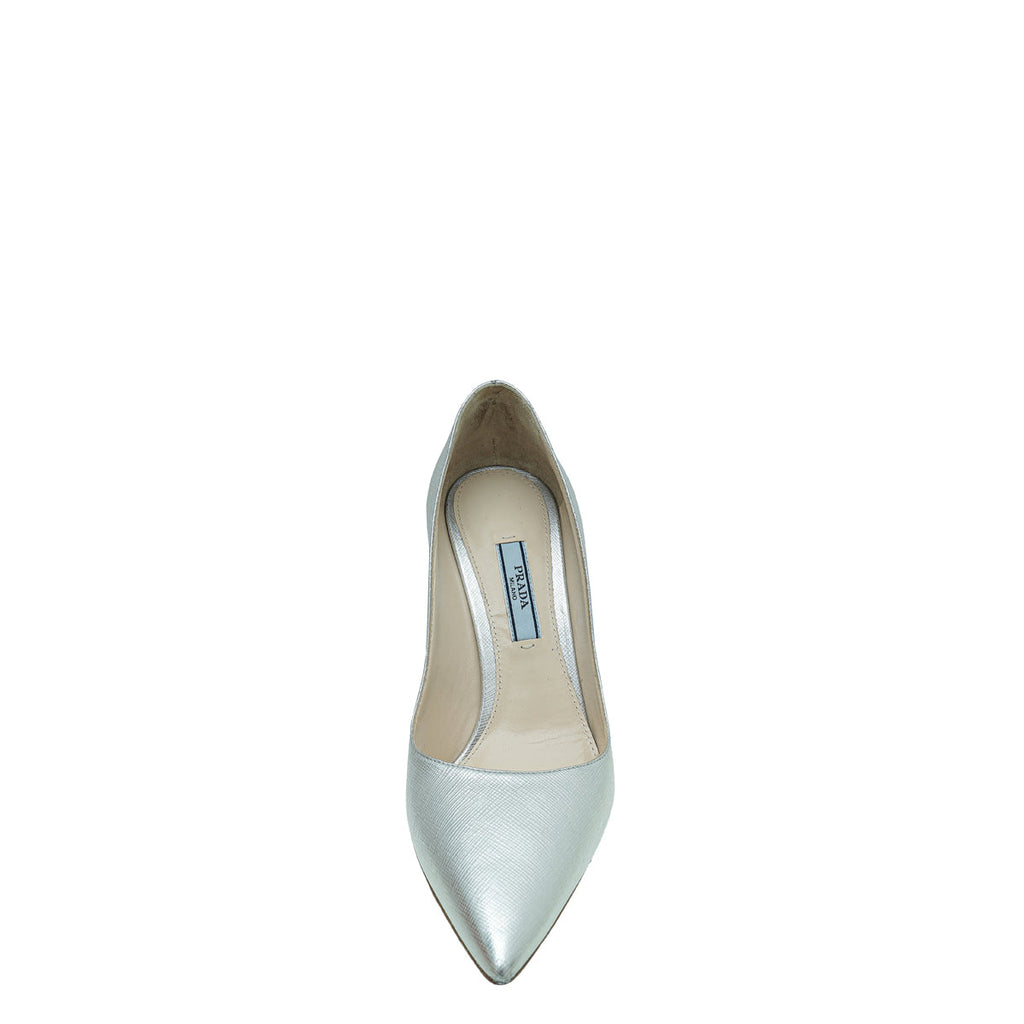 Prada Metallic Silver Pointed Toe Pump 36.5