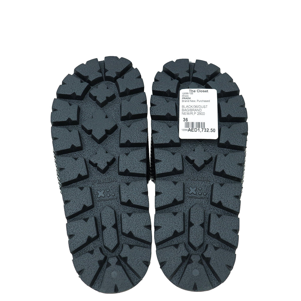 Prada Black Paillettes Sequin Logo Slide Sandals 36